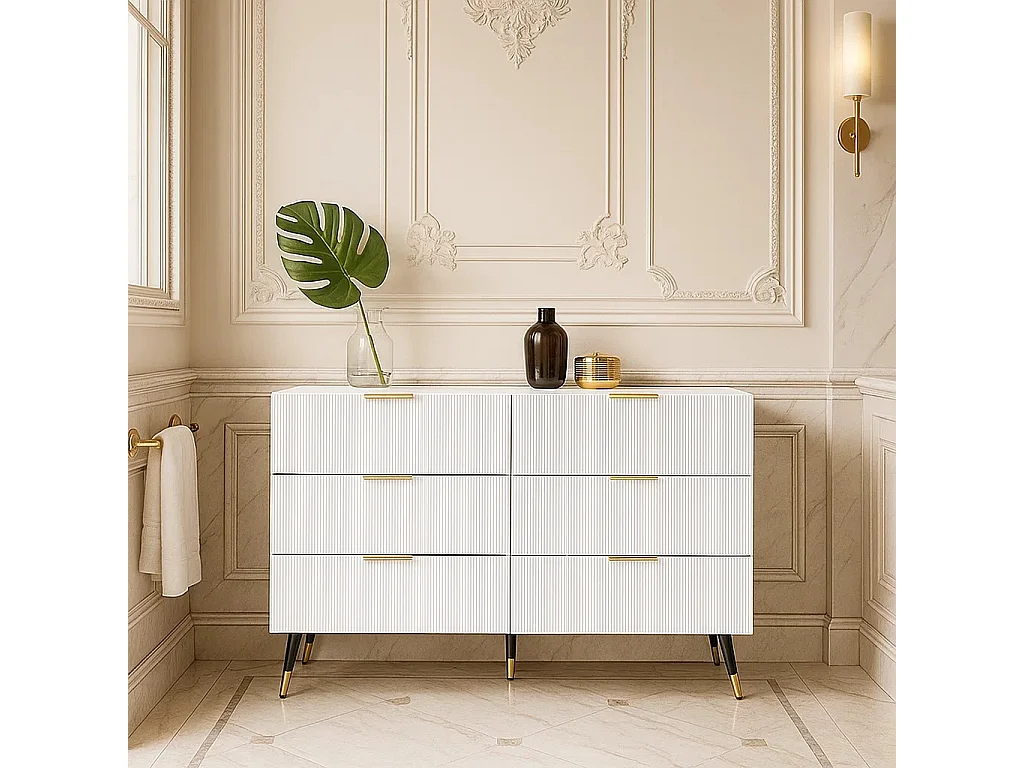 URBAN MEUBLE Buffet élégant blanc design moderne, 6 tiroirs poignets et point de pieds dorés 120*40*77cm