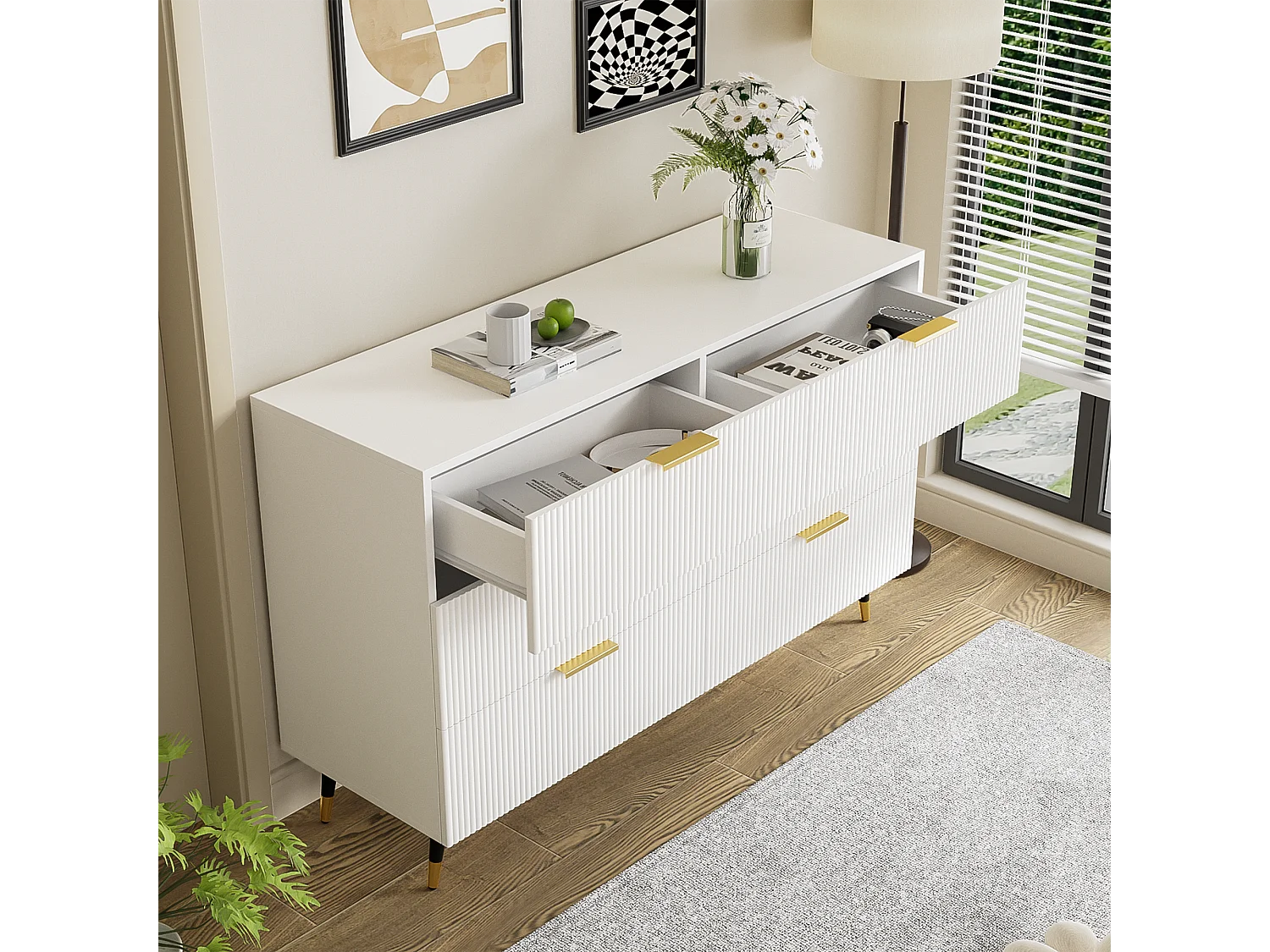 URBAN MEUBLE Buffet élégant blanc design moderne, 6 tiroirs poignets et point de pieds dorés 120*40*77cm