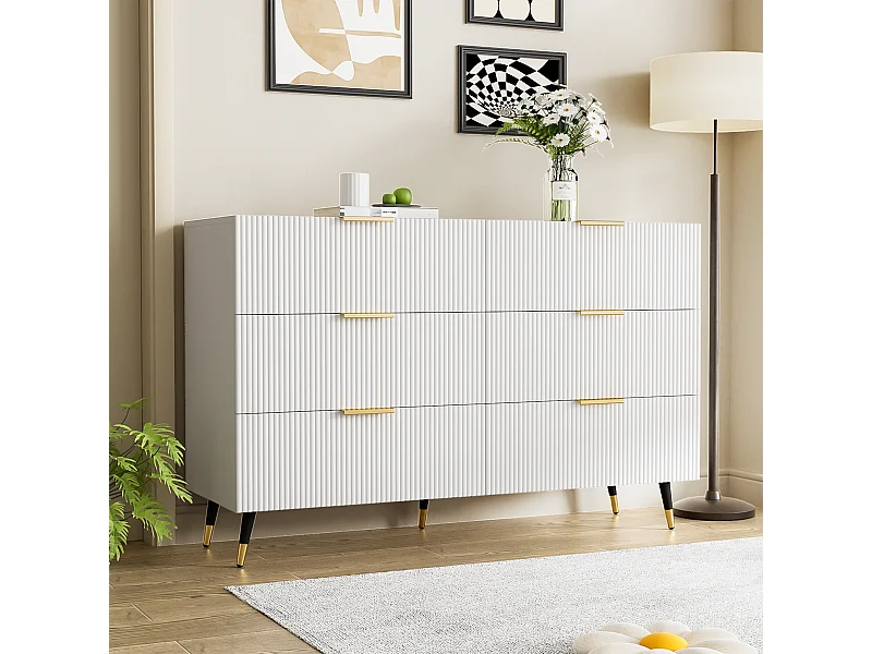 URBAN MEUBLE Buffet élégant blanc design moderne, 6 tiroirs poignets et point de pieds dorés 120*40*77cm