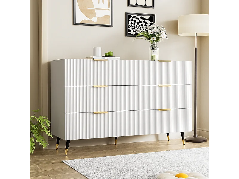 URBAN MEUBLE Buffet élégant blanc design moderne, 6 tiroirs poignets et point de pieds dorés 120*40*77cm