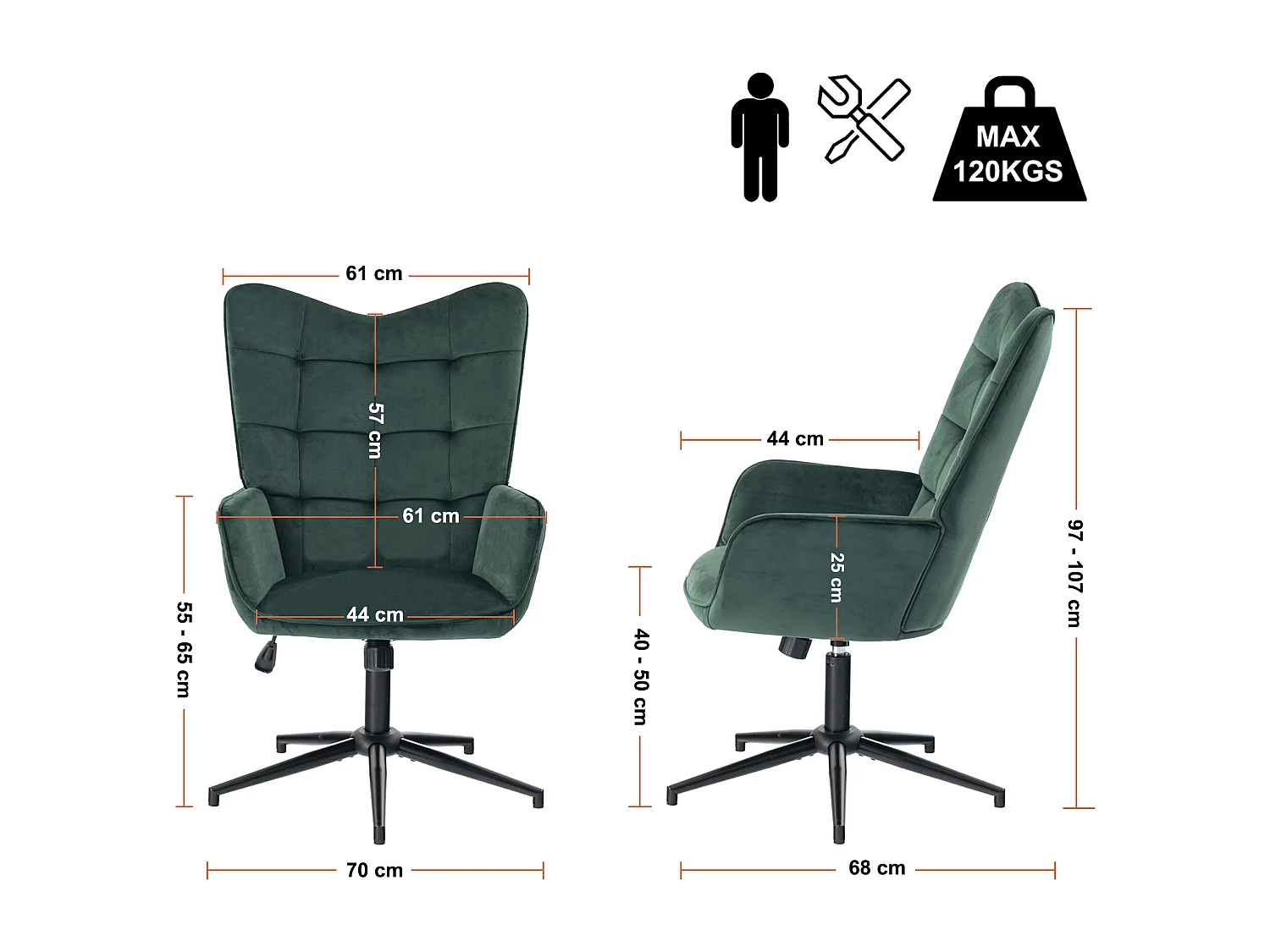 URBAN MEUBLE Fauteuil de bureau scandinave avec accoudoirs, 360°, en velours vert IRIS SMALL VELVET GREEN