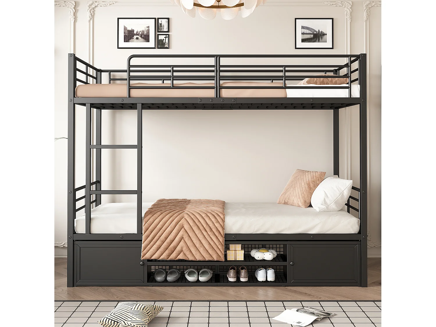 Lit simple superposé avec étagère ouvert et rangement cadre acier noir 90x200cm EPHI