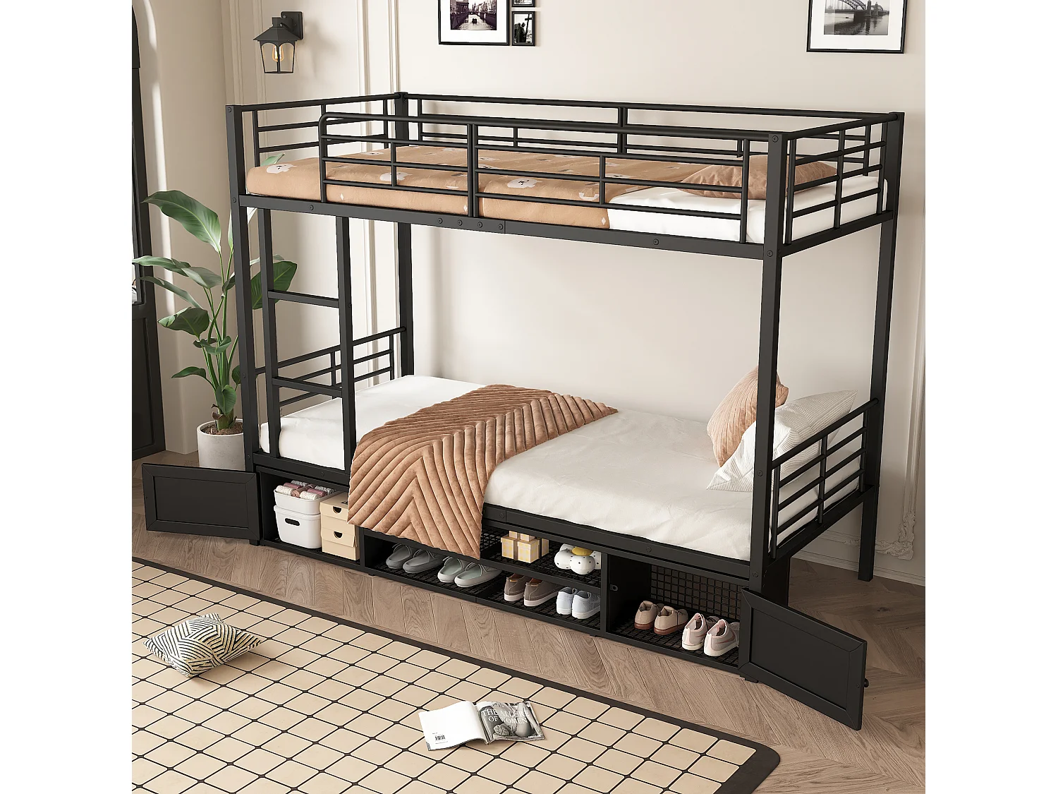 Lit simple superposé avec étagère ouvert et rangement cadre acier noir 90x200cm EPHI