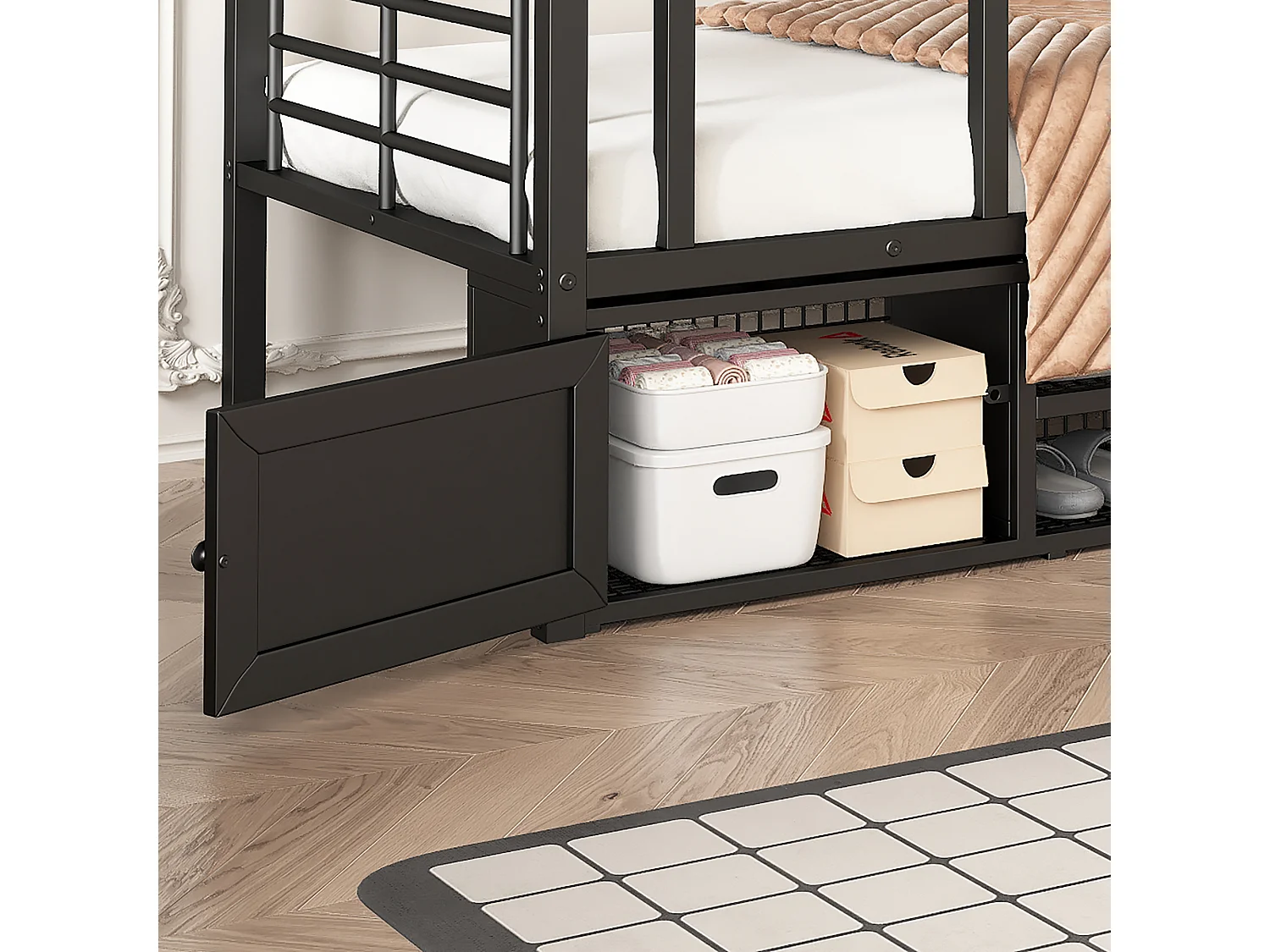 Lit simple superposé avec étagère ouvert et rangement cadre acier noir 90x200cm EPHI