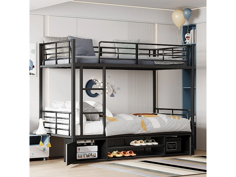 Lit simple superposé avec étagère ouvert et rangement cadre acier noir 90x200cm EPHI