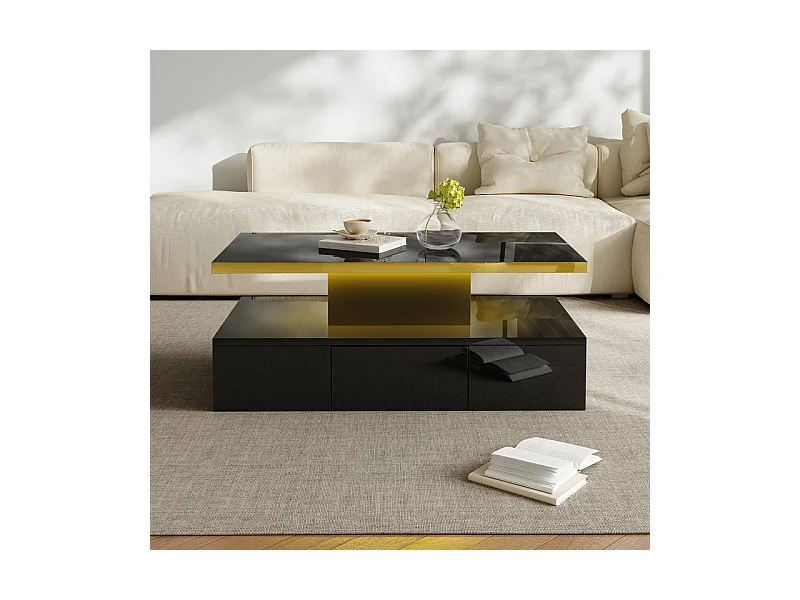 Table basse rectangulaire avec 1 tiroir et LED, 2 niveaux de stockage, 100x50x39cm, Noir