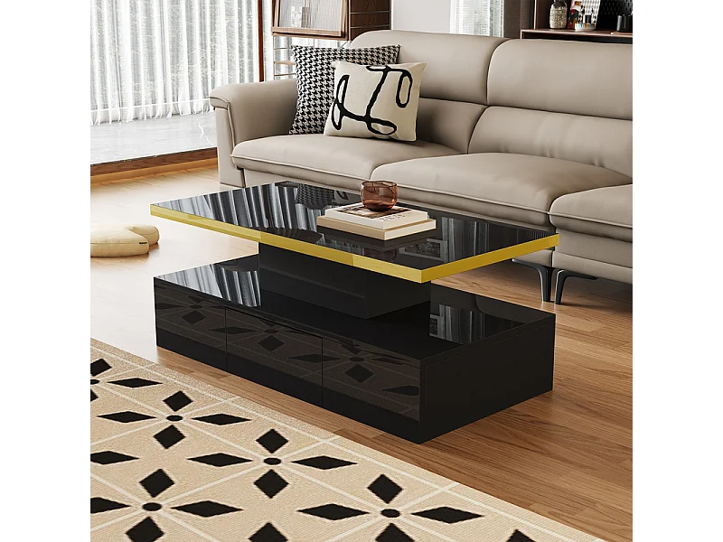 Tavolino rettangolare con 1 cassetto e LED, 2 livelli di conservazione, 100x50x39cm, nero