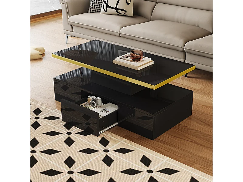 Tavolino rettangolare con 1 cassetto e LED, 2 livelli di conservazione, 100x50x39cm, nero