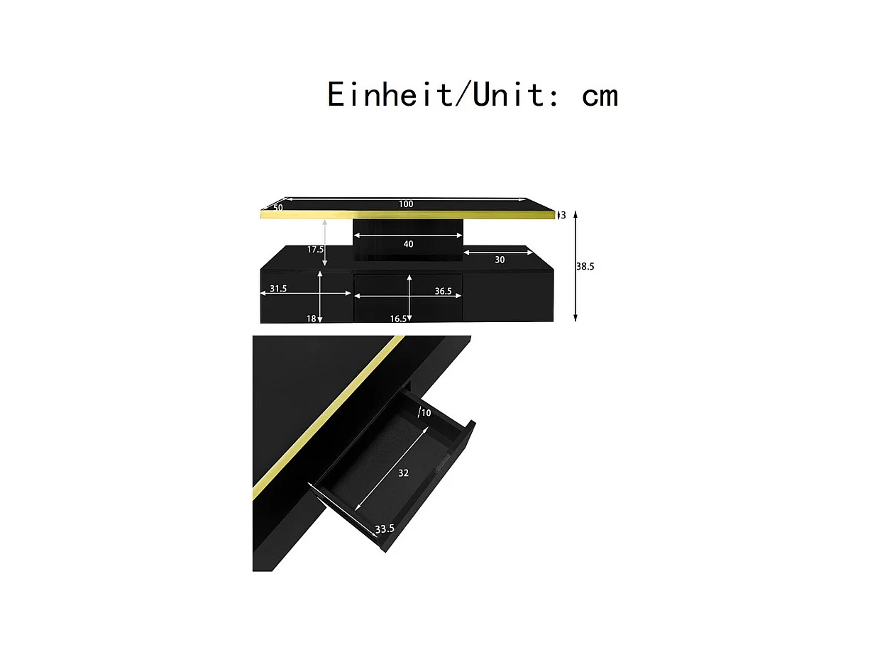 Rechthoekige salontafel met 1 lade en LED, 2 opslagniveaus, 100x50x39cm, zwart