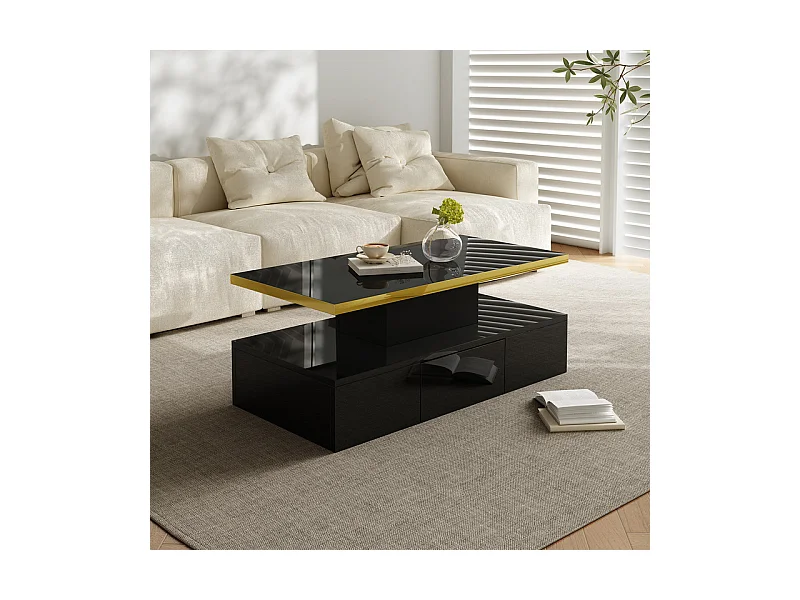 Rechthoekige salontafel met 1 lade en LED, 2 opslagniveaus, 100x50x39cm, zwart