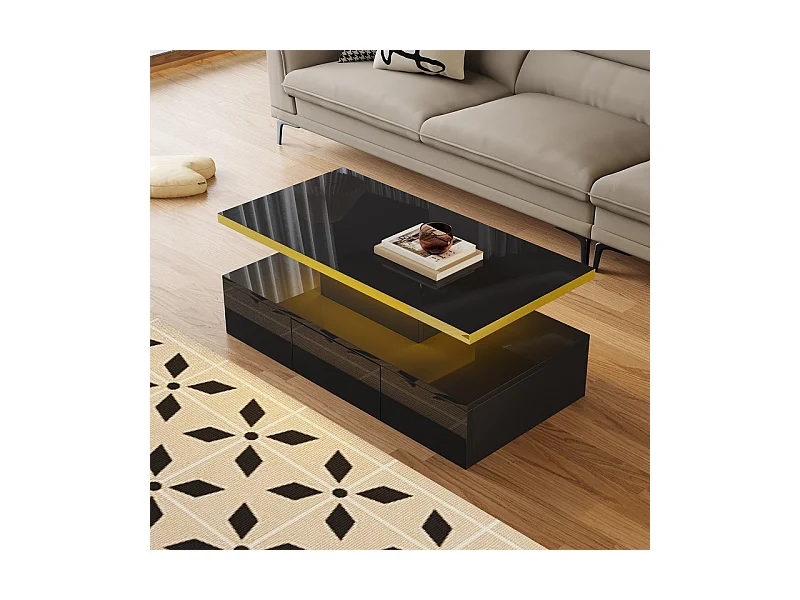 Rechthoekige salontafel met 1 lade en LED, 2 opslagniveaus, 100x50x39cm, zwart