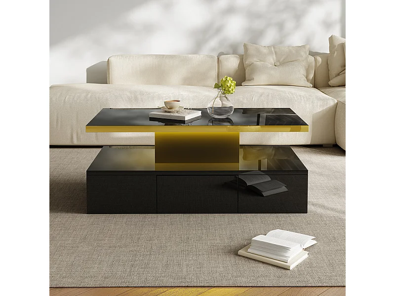 Rechthoekige salontafel met 1 lade en LED, 2 opslagniveaus, 100x50x39cm, zwart