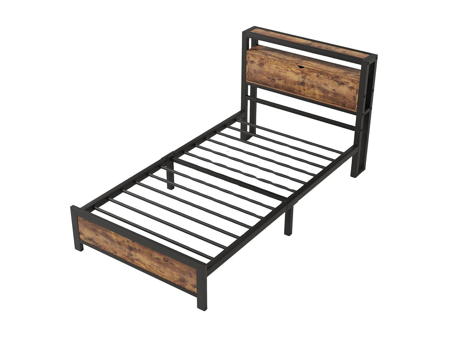 URBAN MEUBLE Lit simple industriel avec tête de lit rangement effet bois noyer et noir 90x200cm