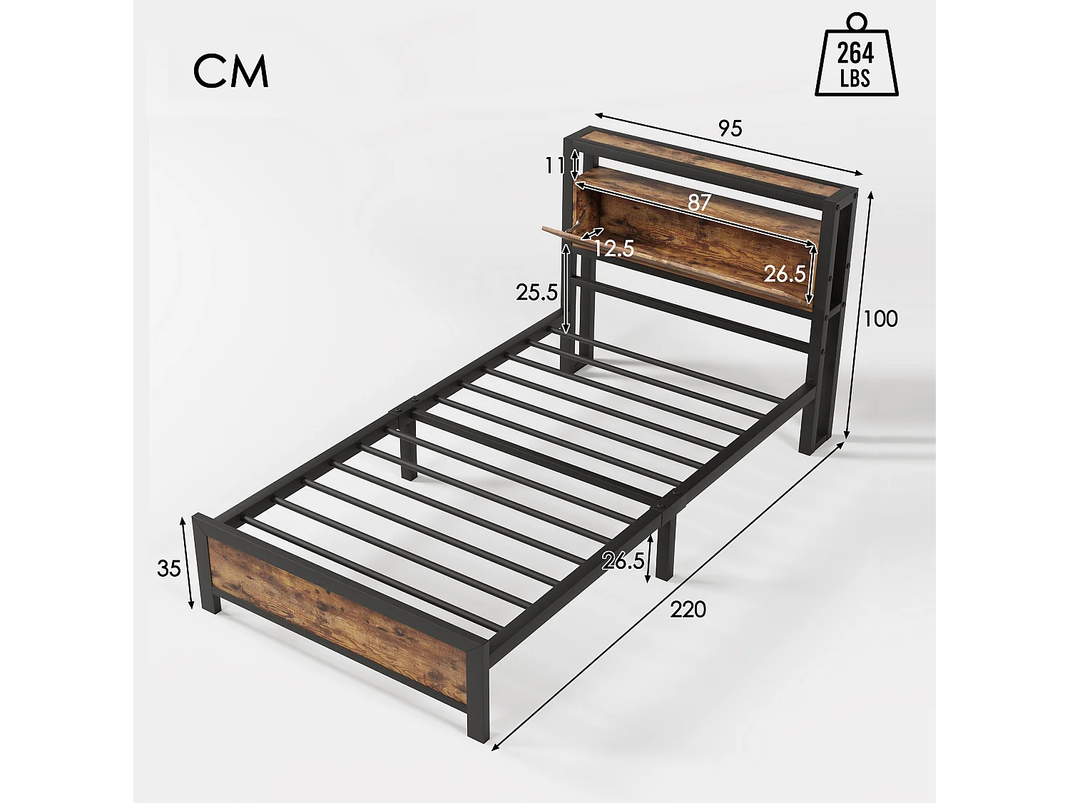 URBAN MEUBLE Lit simple industriel avec tête de lit rangement effet bois noyer et noir 90x200cm