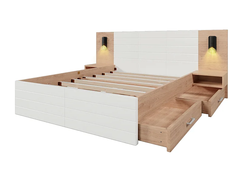 Lit double king effet bois avec 2 tiroirs lampe de lecture avec chargement USB chêne/blanc 180 x 200 cm (sans matelas) Biphraed