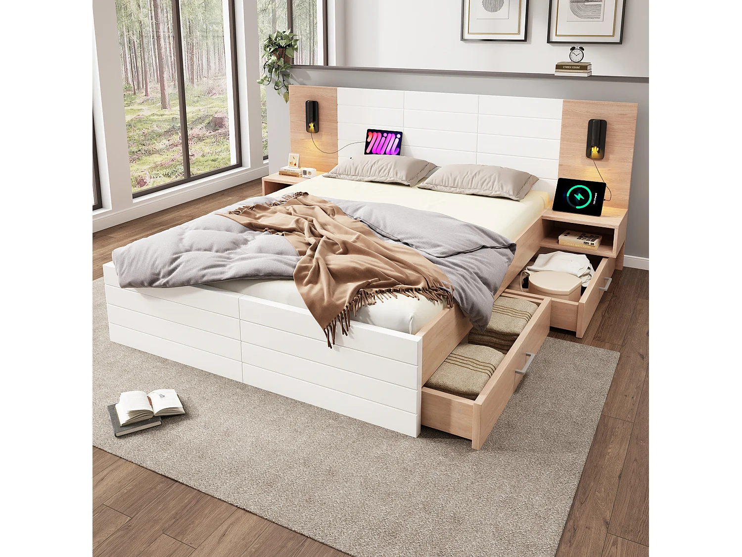 Lit double king effet bois avec 2 tiroirs lampe de lecture avec chargement USB chêne/blanc 180 x 200 cm (sans matelas) Biphraed