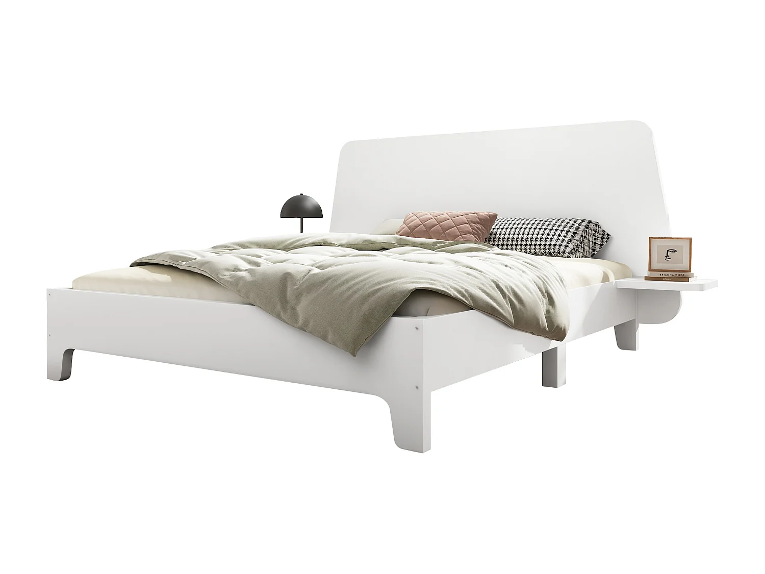 Cadre de lit king blanc avec tête de lit et petit tablette de 2 cotés (sans matelas)(160x200cm) KHINGRIENS WHITE KING
