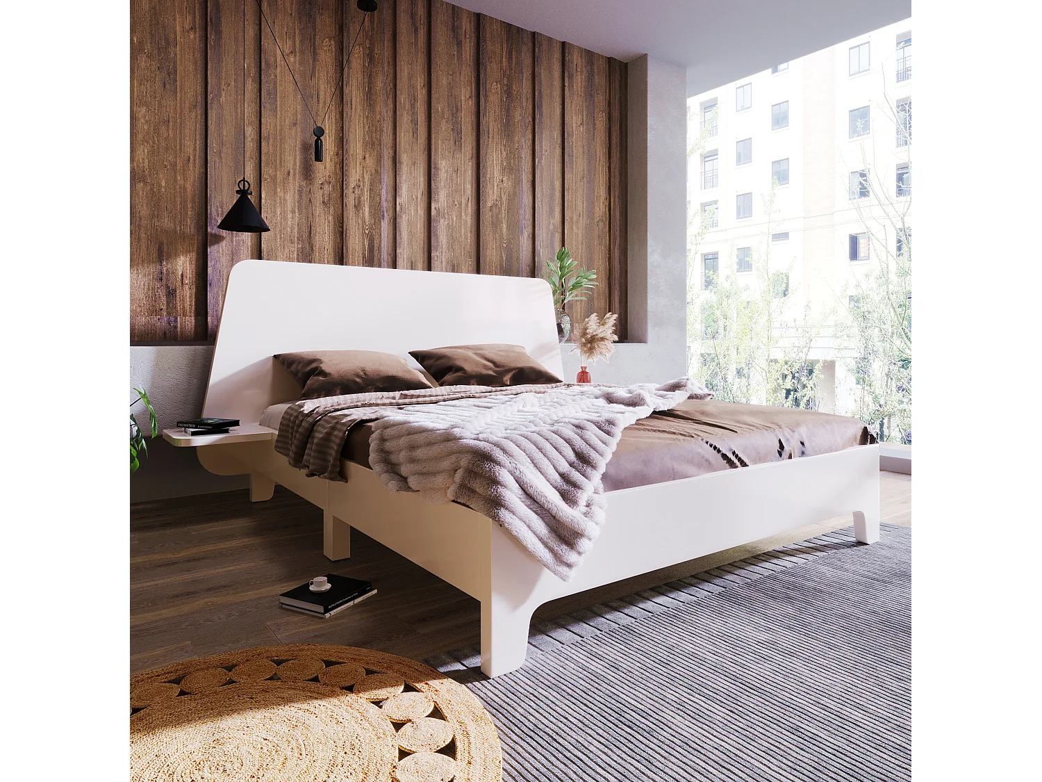 Cadre de lit king blanc avec tête de lit et petit tablette de 2 cotés (sans matelas)(160x200cm) KHINGRIENS WHITE KING