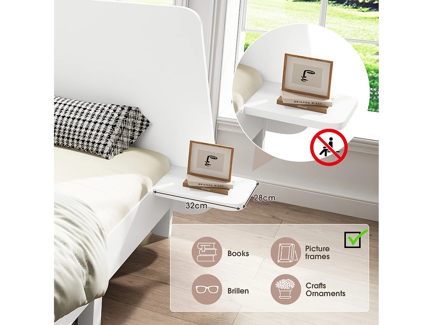 Cadre de lit king blanc avec tête de lit et petit tablette de 2 cotés (sans matelas)(160x200cm) KHINGRIENS WHITE KING