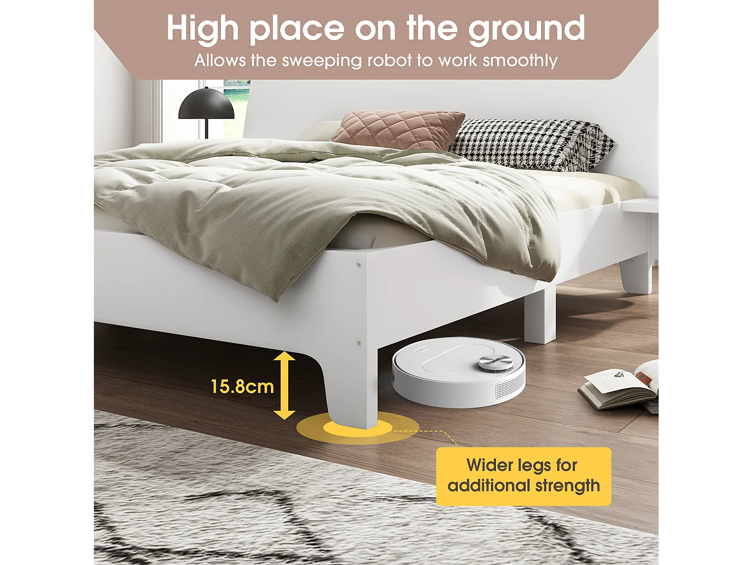 Cadre de lit king blanc avec tête de lit et petit tablette de 2 cotés (sans matelas)(160x200cm) KHINGRIENS WHITE KING