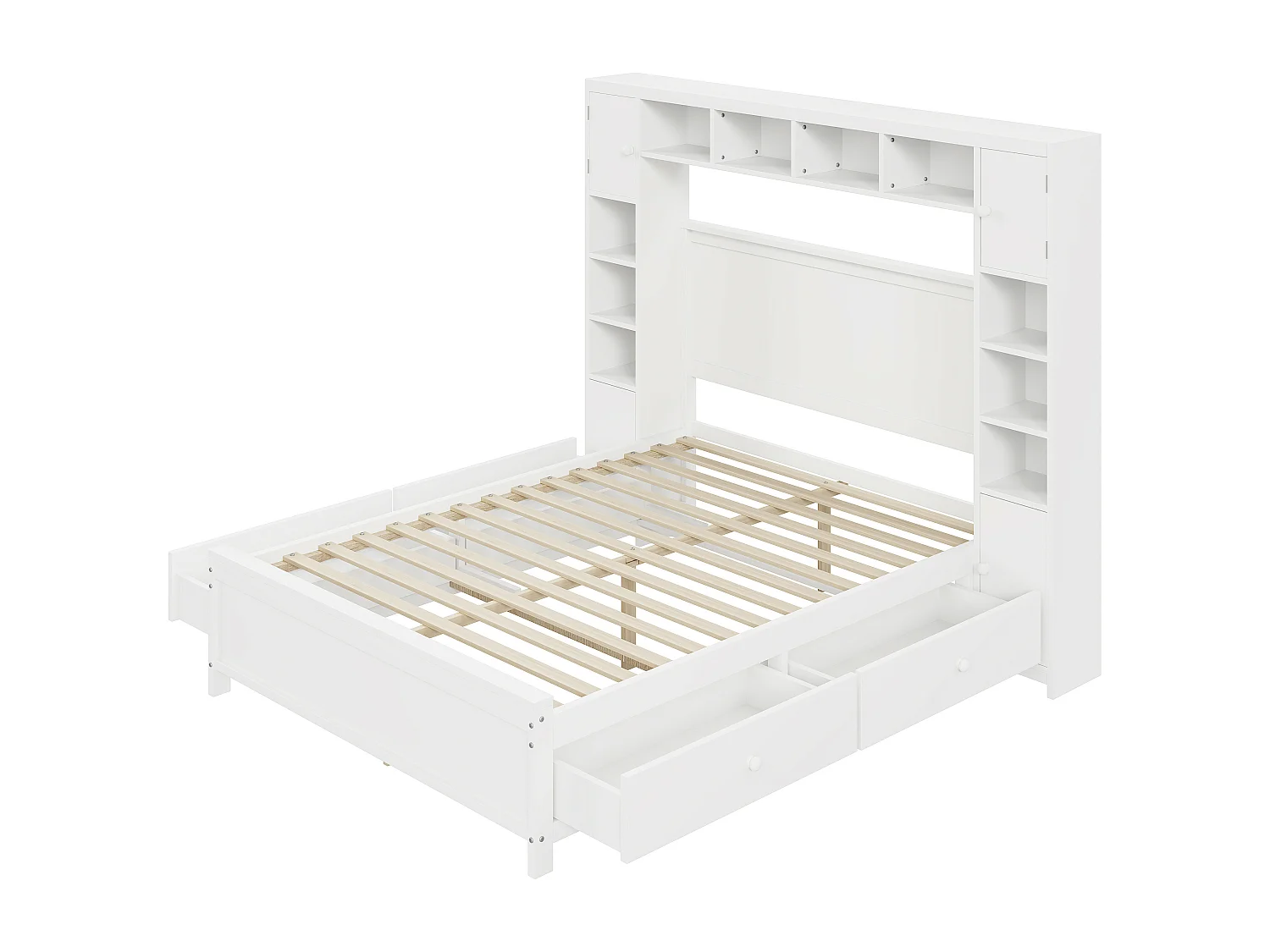 Cadre de lit double bois blanc avec étagère placard de rangement 4 tiroirs sommier à lattes 140*200 GUNKRIETS