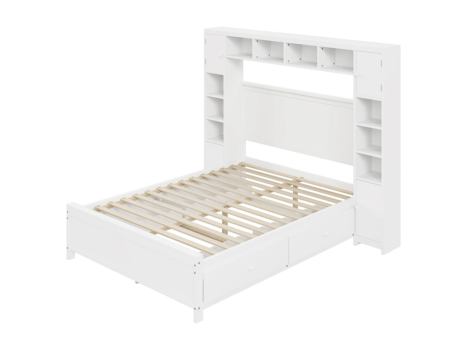 Cadre de lit double bois blanc avec étagère placard de rangement 4 tiroirs sommier à lattes 140*200 GUNKRIETS