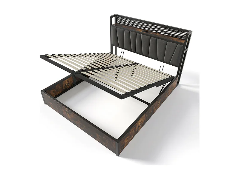 Lit coffre lit double tissu gris avec éclairage LED et prise USB, rangement effet bois (sans matelas) 140x200cm CRON