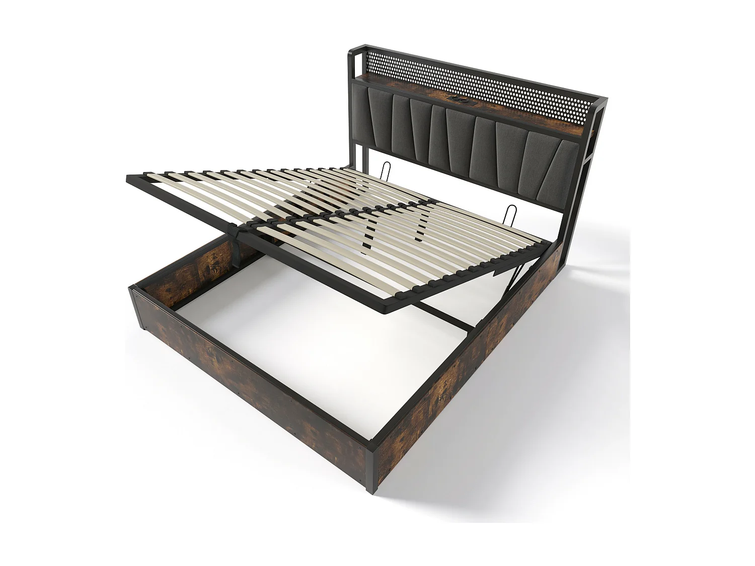 Lit coffre lit double tissu gris avec éclairage LED et prise USB, rangement effet bois (sans matelas) 140x200cm CRON