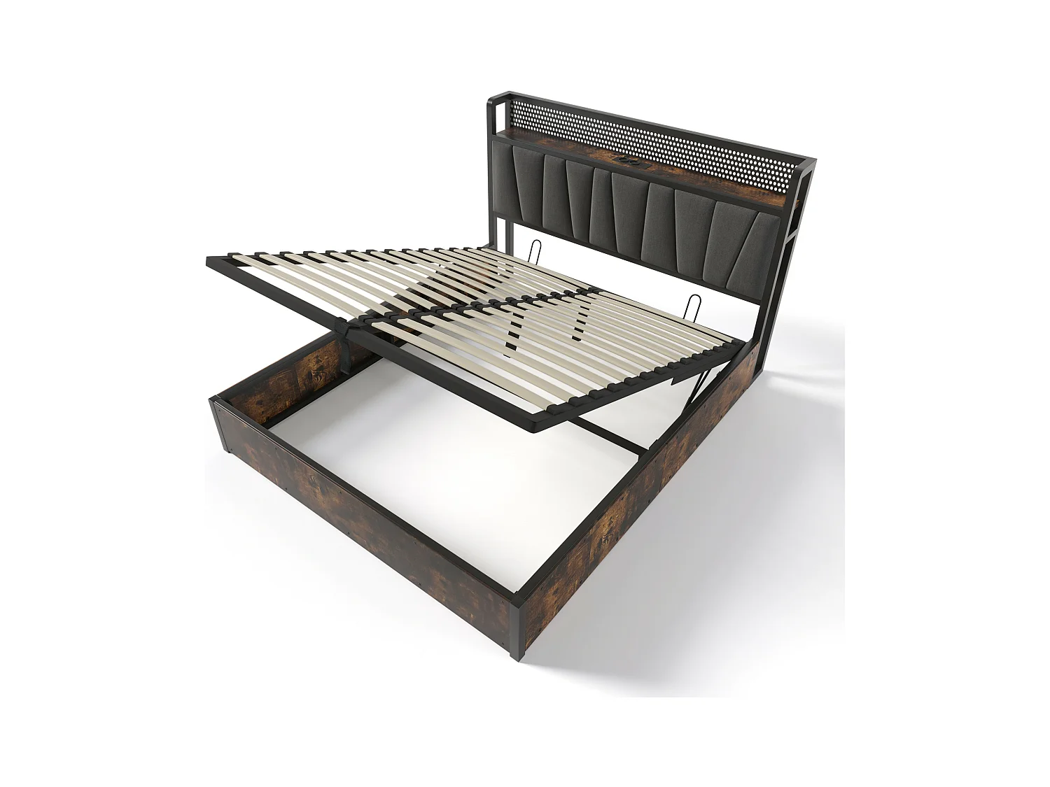 Lit coffre lit double tissu gris avec éclairage LED et prise USB, rangement effet bois (sans matelas) 140x200cm CRON