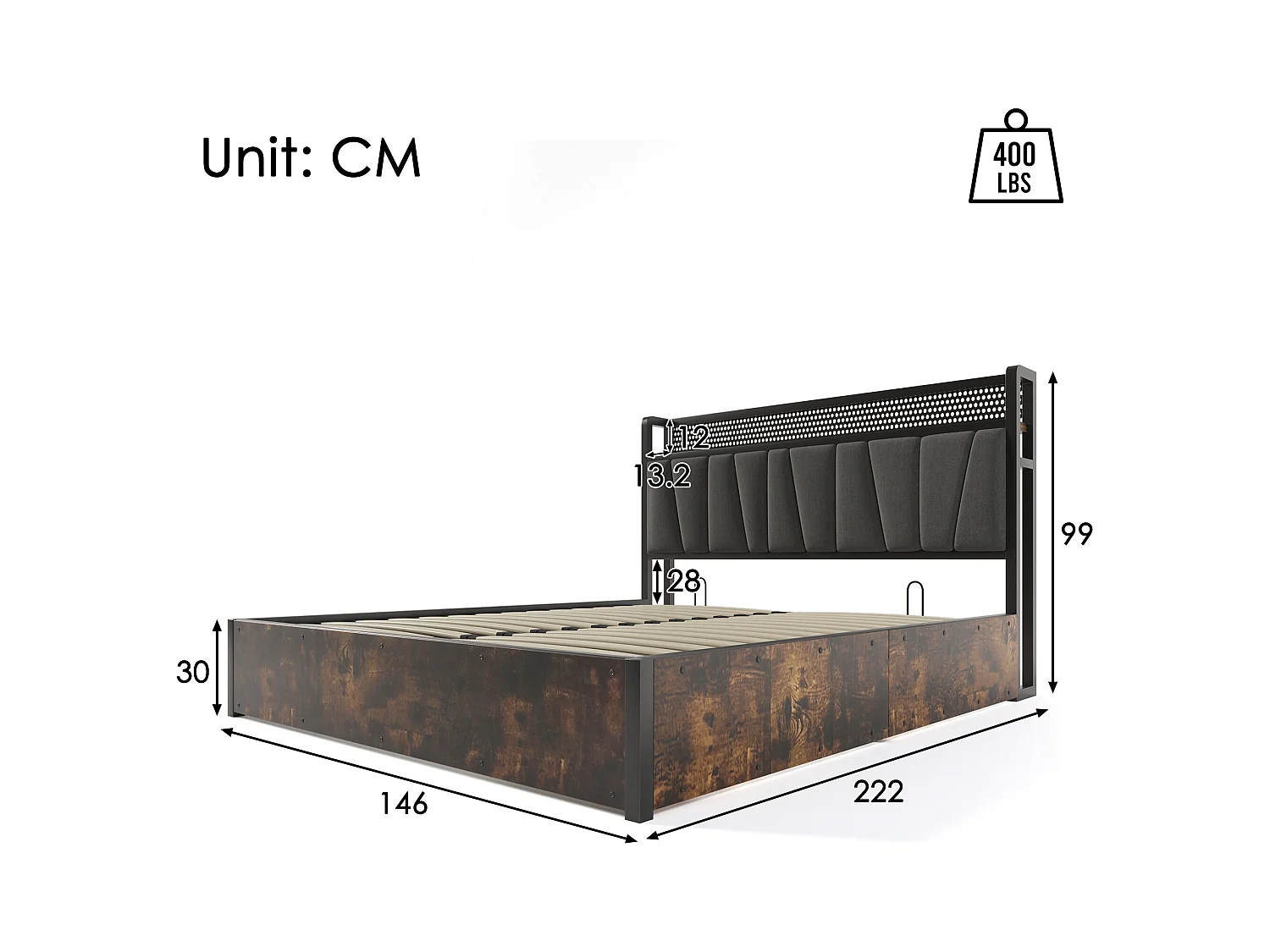 Lit coffre lit double tissu gris avec éclairage LED et prise USB, rangement effet bois (sans matelas) 140x200cm CRON