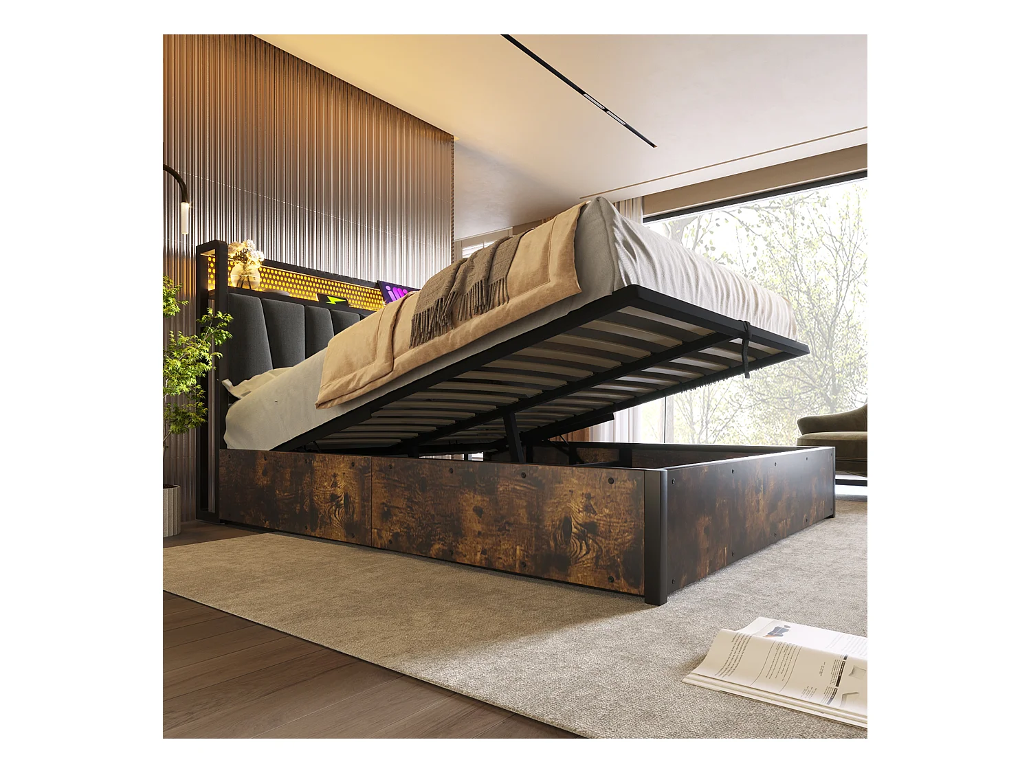 Lit coffre lit double tissu gris avec éclairage LED et prise USB, rangement effet bois (sans matelas) 140x200cm CRON