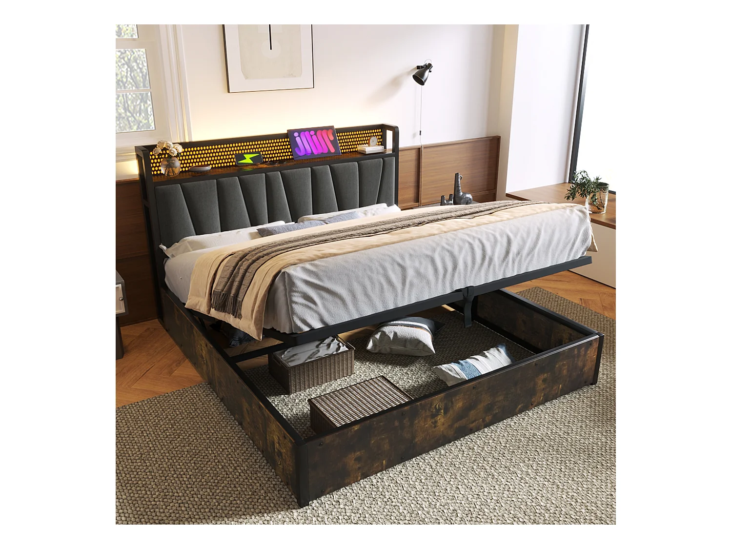 Lit coffre lit double tissu gris avec éclairage LED et prise USB, rangement effet bois (sans matelas) 140x200cm CRON