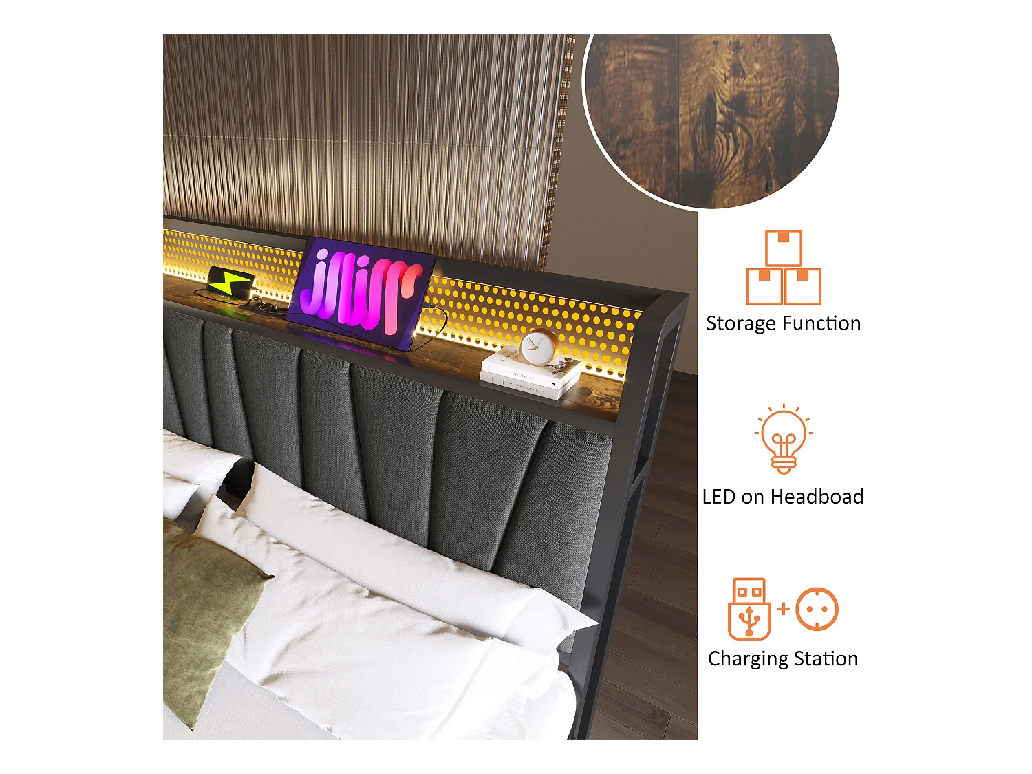 Lit coffre lit double tissu gris avec éclairage LED et prise USB, rangement effet bois (sans matelas) 140x200cm CRON