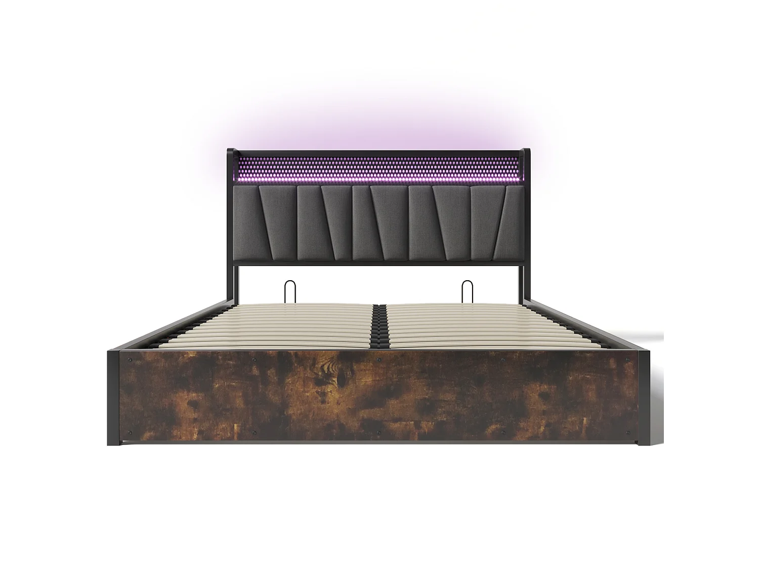 URBAN MEUBLE Lit coffre lit double tissu gris avec éclairage LED et prise USB, rangement effet bois (sans matelas) 140x200cm