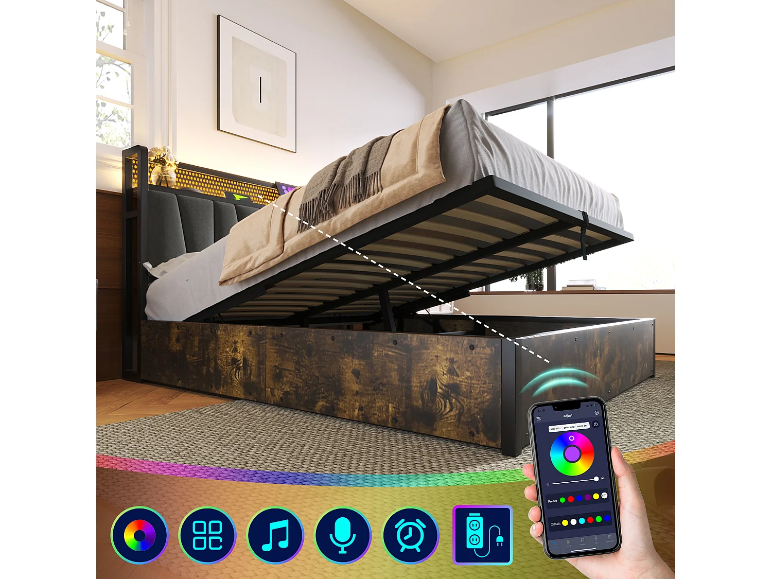 URBAN MEUBLE Lit coffre lit double tissu gris avec éclairage LED et prise USB, rangement effet bois (sans matelas) 140x200cm