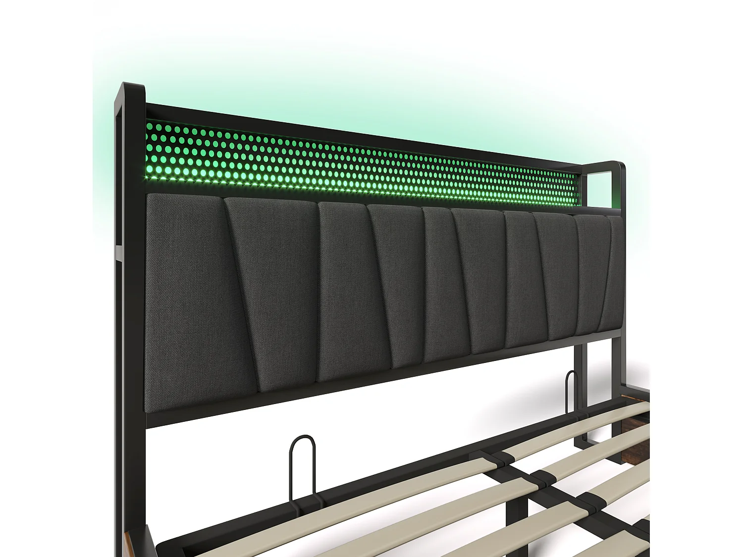 URBAN MEUBLE Lit coffre lit double tissu gris avec éclairage LED et prise USB, rangement effet bois (sans matelas) 140x200cm