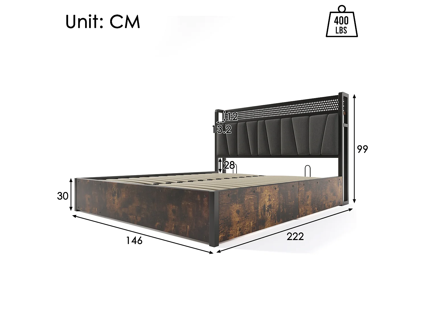 URBAN MEUBLE Lit coffre lit double tissu gris avec éclairage LED et prise USB, rangement effet bois (sans matelas) 140x200cm