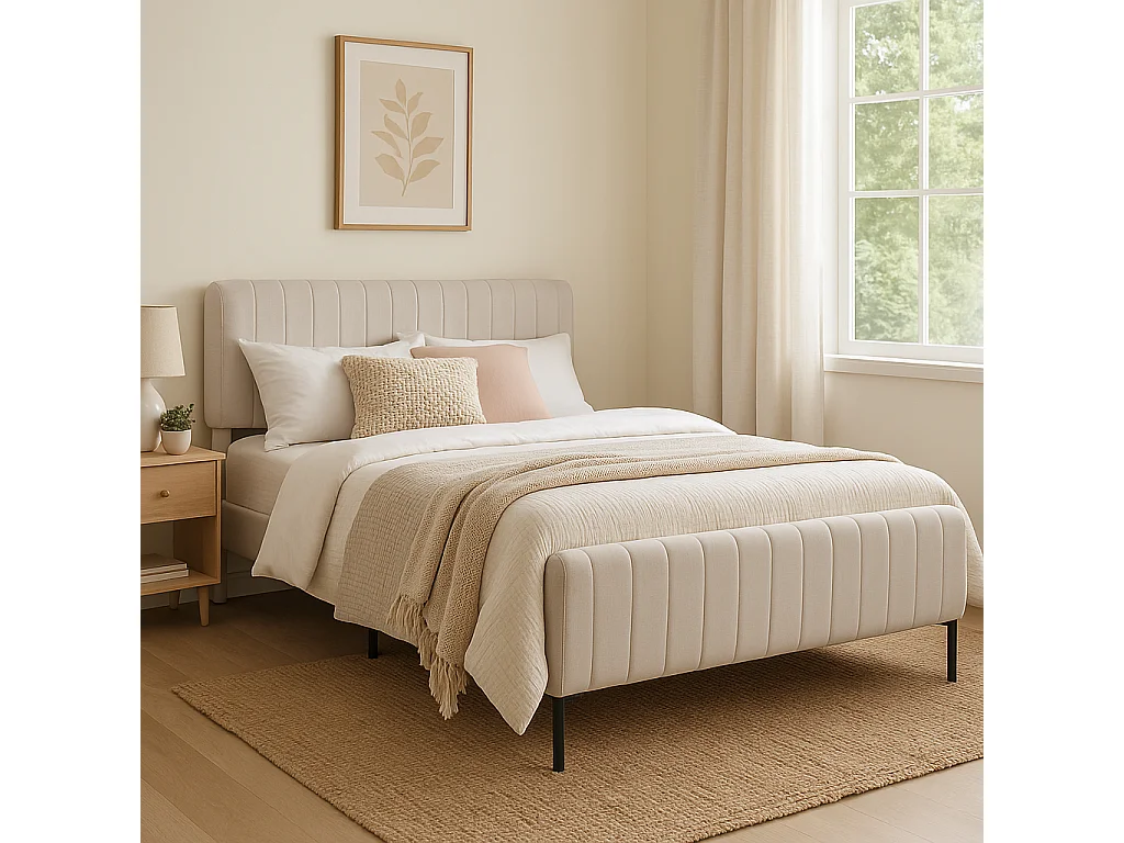 URBAN MEUBLE Lit rembourré en lin gris-beige cadre lit double King 160x200cm