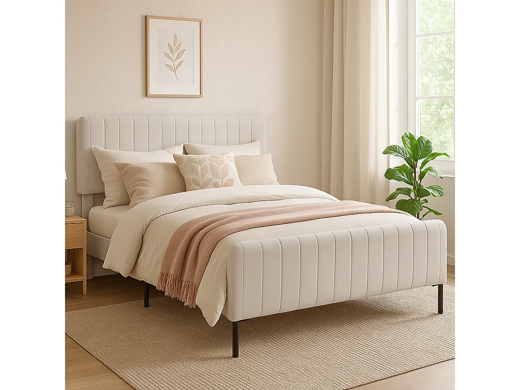 URBAN MEUBLE Lit rembourré en lin gris-beige cadre lit double King 160x200cm