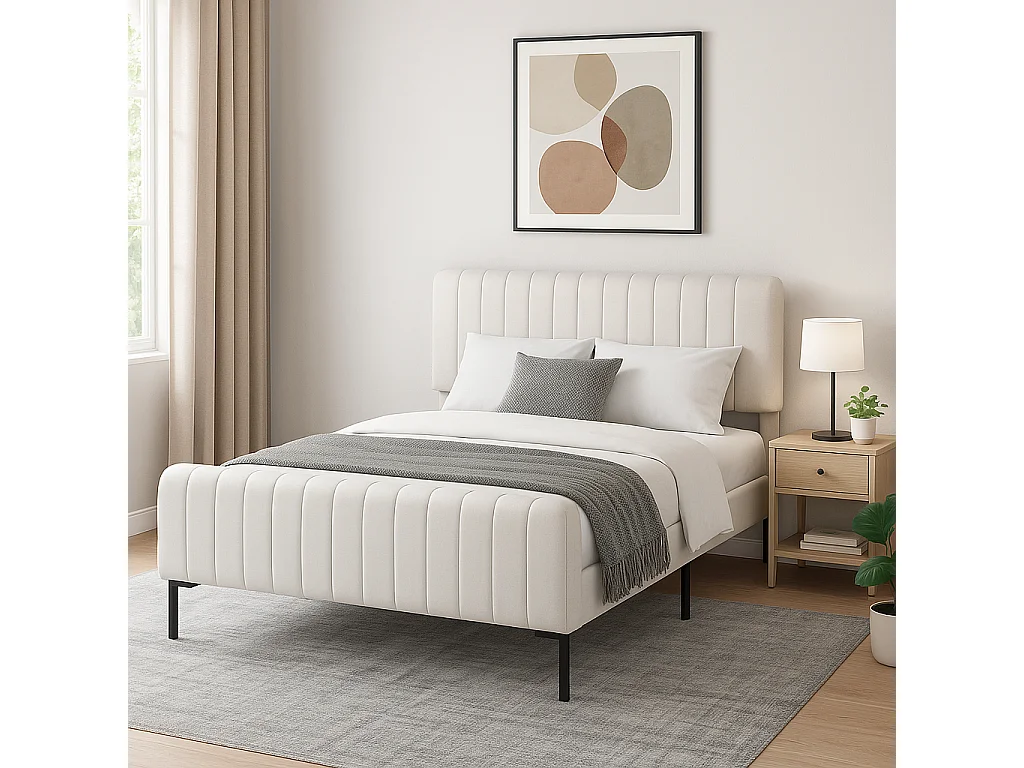 URBAN MEUBLE Lit rembourré en lin gris-beige cadre lit double King 160x200cm