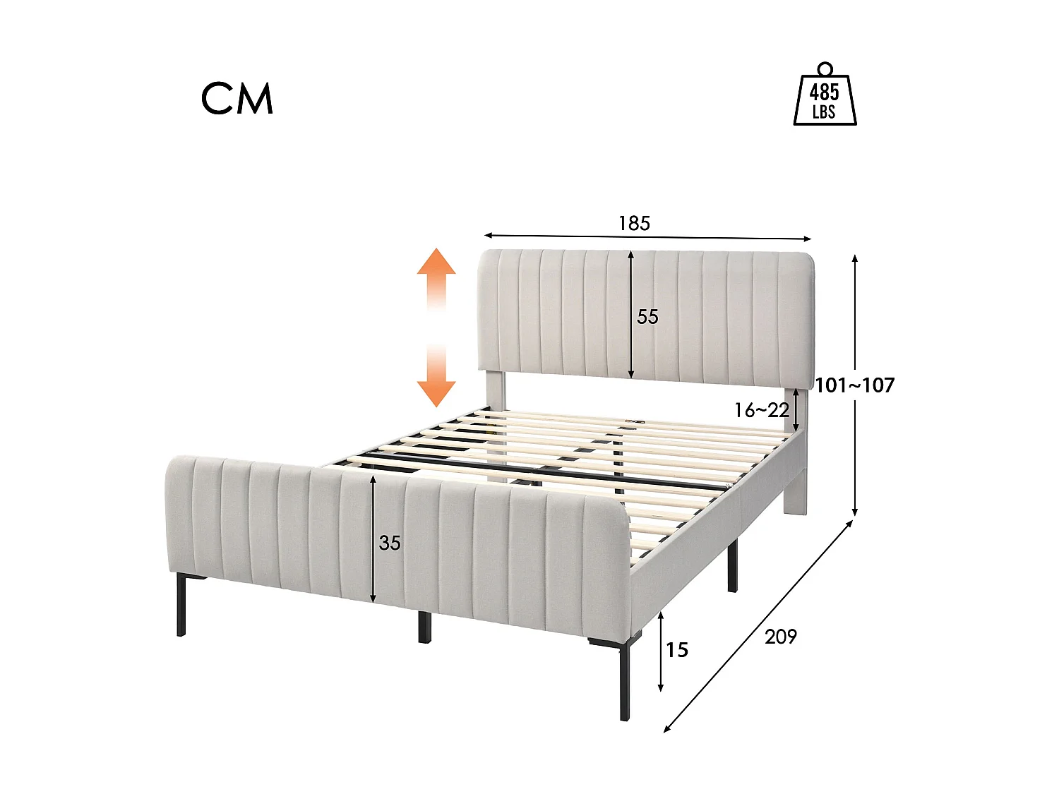 URBAN MEUBLE Lit rembourré en lin gris-beige cadre lit double King 160x200cm