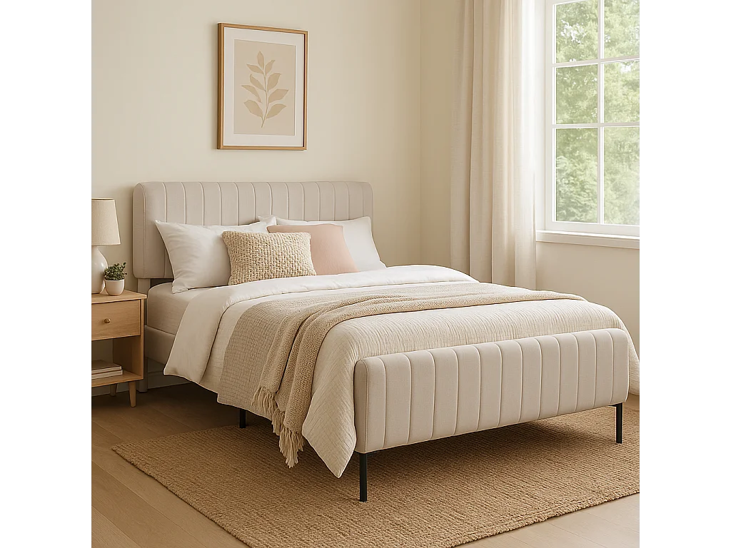 URBAN MEUBLE Lit rembourré en lin gris-beige cadre lit double King 160x200cm