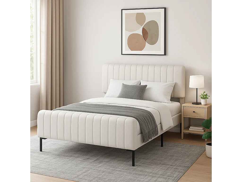 URBAN MEUBLE Lit rembourré en lin gris-beige cadre lit double King 160x200cm