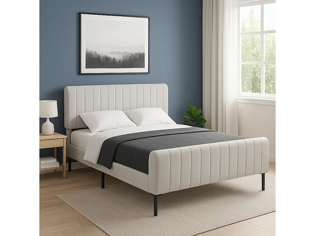 URBAN MEUBLE Lit rembourré en lin gris-beige cadre lit double King 160x200cm