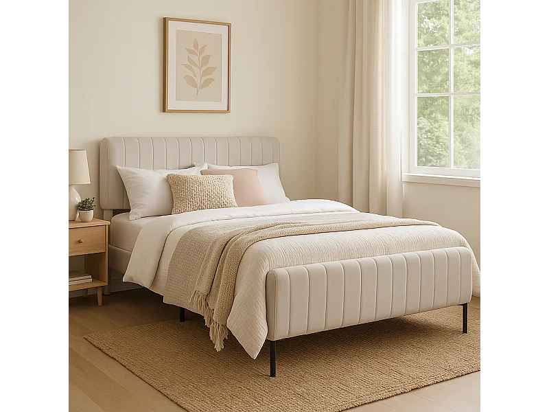 URBAN MEUBLE Lit rembourré en lin gris-beige cadre lit double King 160x200cm