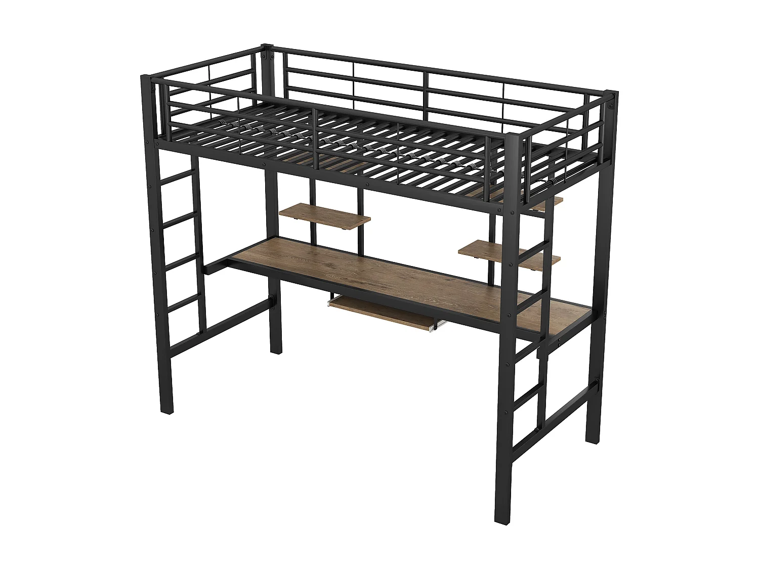 Lit mezzanine métallique noir avec bureau et deux étagères pour adolescents et adultes 90x200cm GUUQNOKS