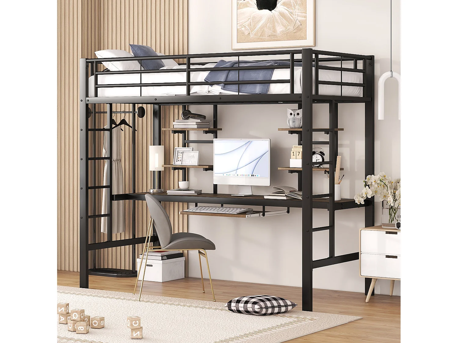 URBAN MEUBLE Lit mezzanine métallique noir avec bureau et deux étagères pour adolescents et adultes 90x200cm