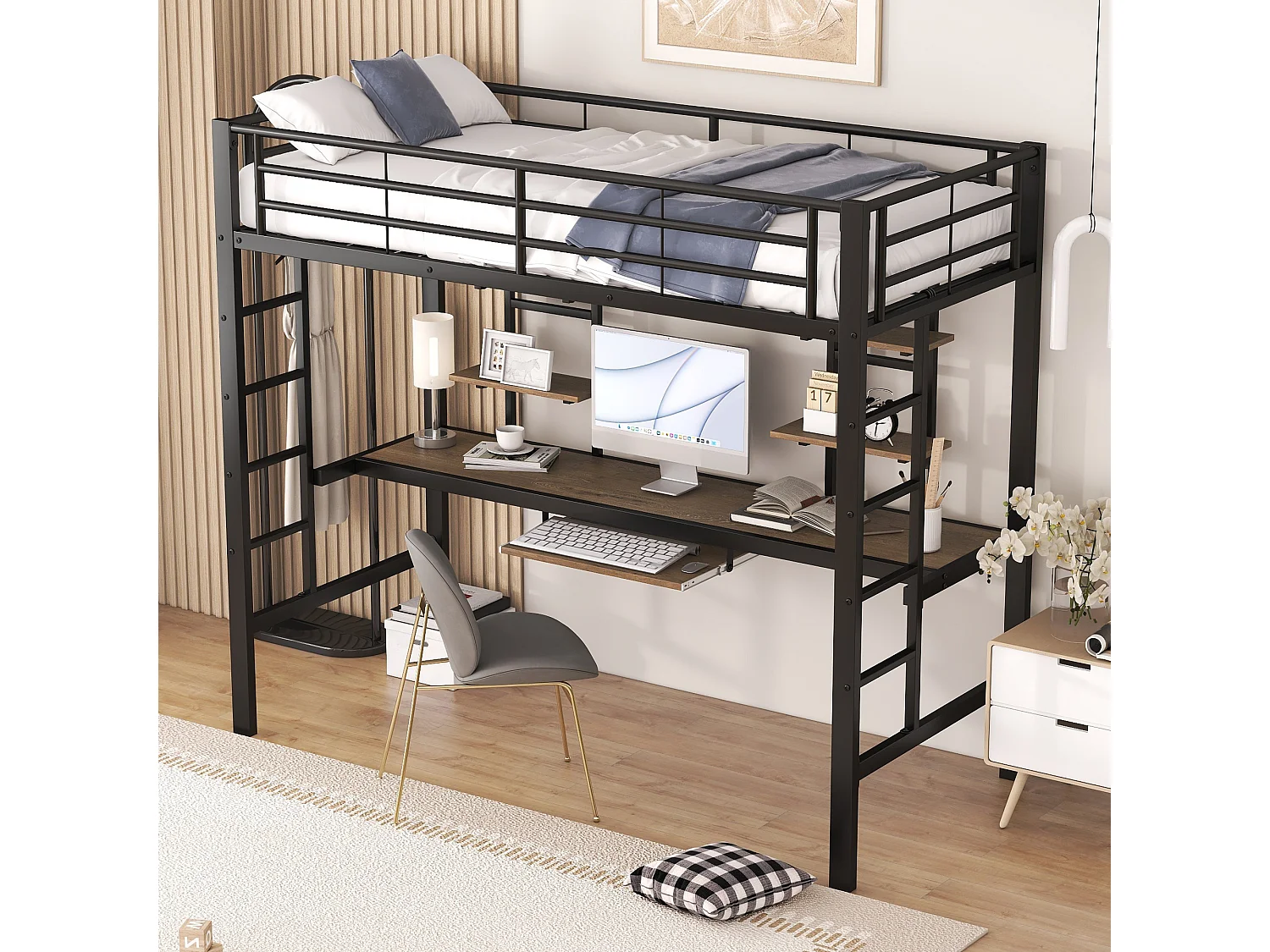 URBAN MEUBLE Lit mezzanine métallique noir avec bureau et deux étagères pour adolescents et adultes 90x200cm