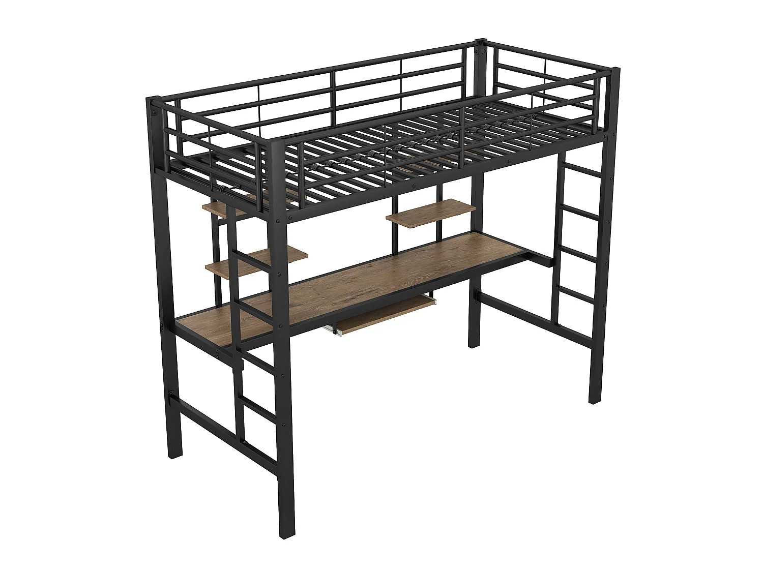 URBAN MEUBLE Lit mezzanine métallique noir avec bureau et deux étagères pour adolescents et adultes 90x200cm