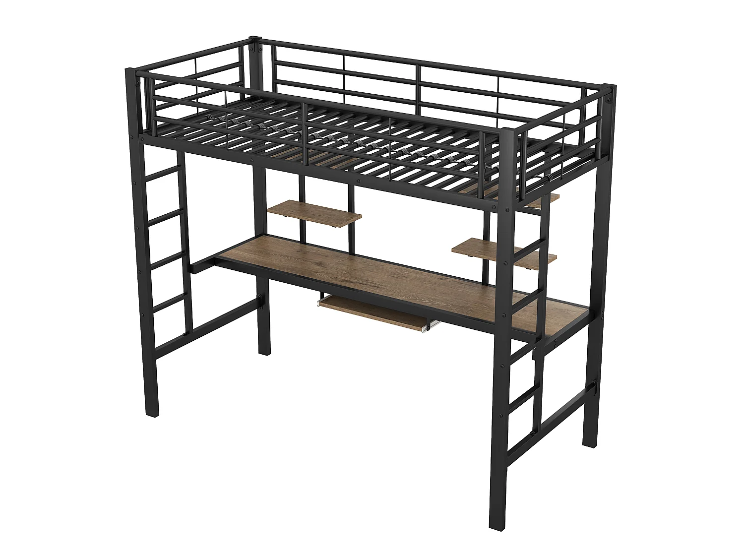 URBAN MEUBLE Lit mezzanine métallique noir avec bureau et deux étagères pour adolescents et adultes 90x200cm